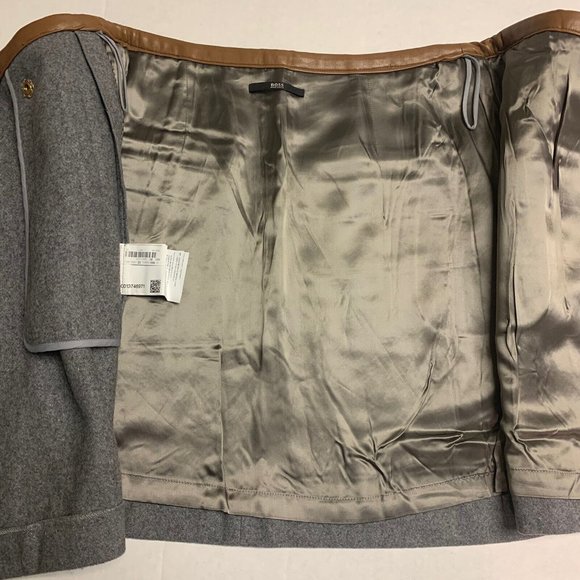 BOSS HUGO BOSS Stretch Gray Virgin Wool Wrap Skirt Brown Faux Leather Trim Sz 2 - Picture 3 of 7
